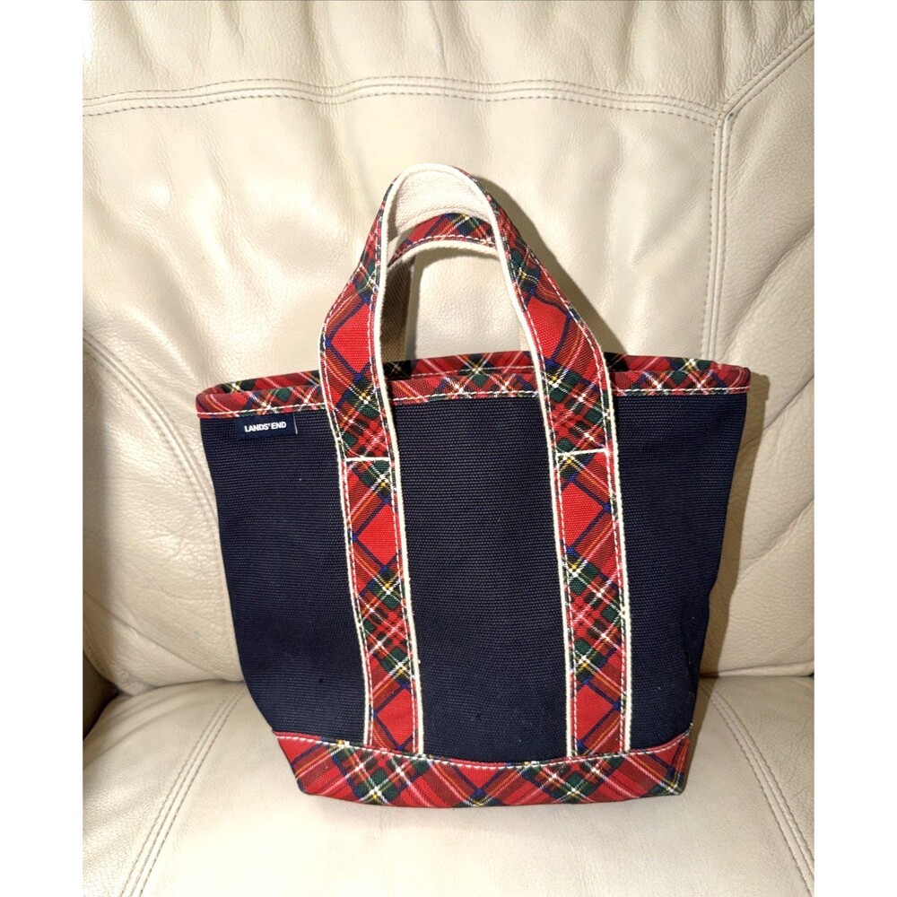 Lands End Tote Bag Canvas Plaid Blue Red Green Small Top Handle